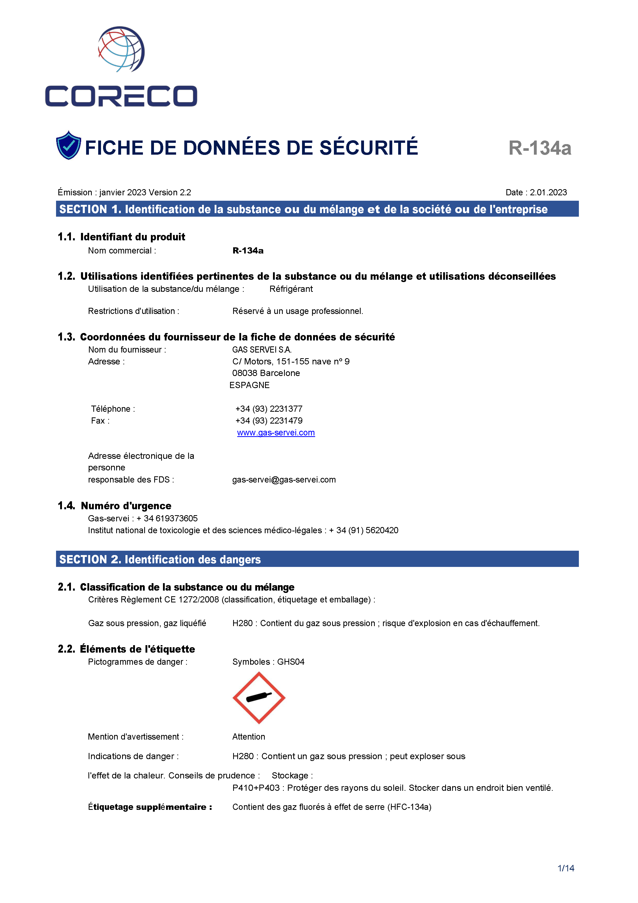 Fiche de sécurité R 134A